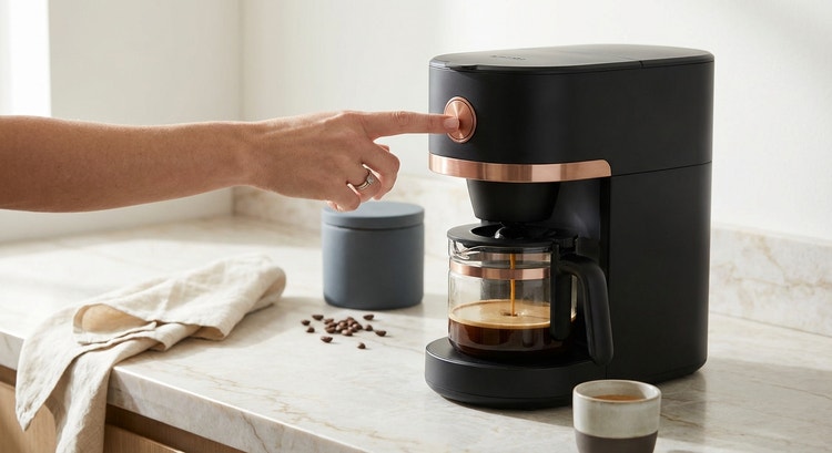 A sleek automatic espresso machine on a bright kitchen counter with a perfectly pulled shot
