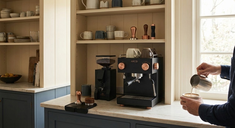 A fully equipped home espresso bar with a professional machine, grinder, and organized accessories