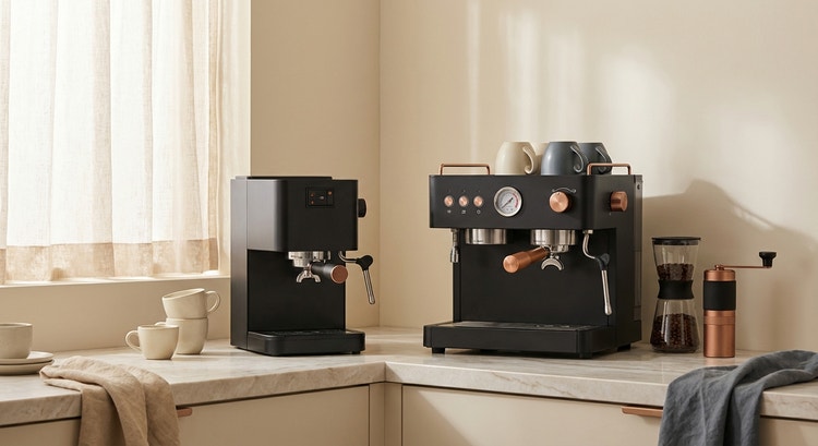 An espresso setup showing progression from a simple machine to a more advanced dual-boiler station
