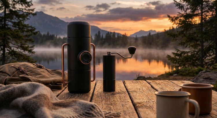 A portable espresso setup on a wooden table outdoors with a mountain landscape in the background