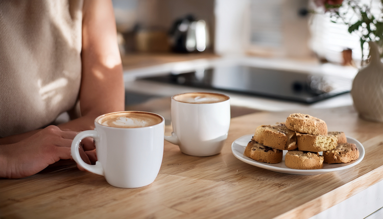A kitchen counter with two freshly made cappuccinos and a plate of homemade biscotti, two people leaning against the counter in relaxed conversation