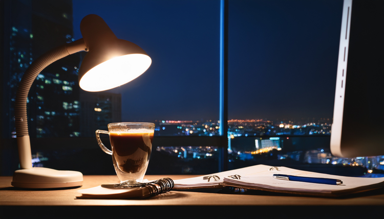 A desk at night illuminated by a monitor's glow and a warm desk lamp, a fresh double espresso in a double-wall glass beside a keyboard, city lights through a window