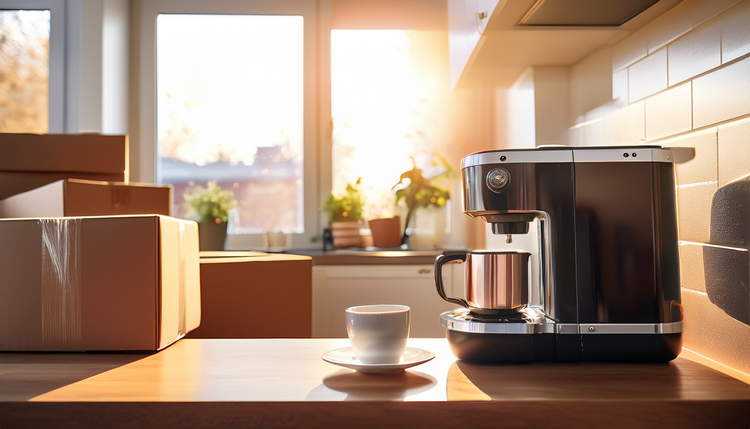 A compact kitchen in a bright small apartment with moving boxes in the background, a brand-new compact espresso machine on the counter as the first thing unpacked