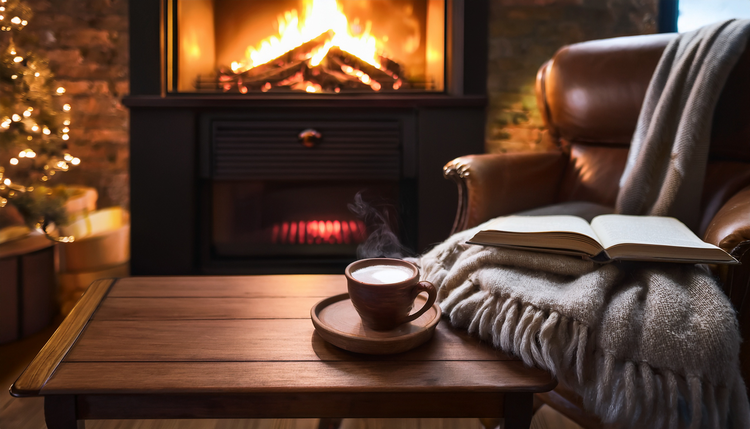 A small espresso cup on a thick wooden side table beside a crackling fireplace, a wool throw on a leather armchair, snow visible through a window