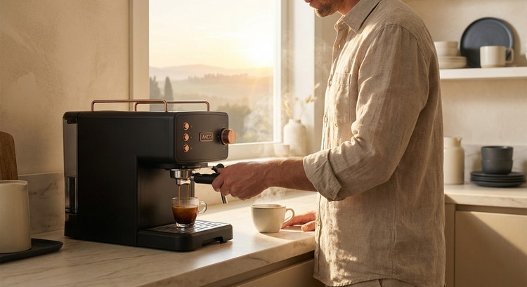 A barista's hands pulling an espresso shot at sunrise