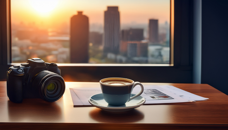 A camera body and lens on a wooden desk beside contact sheets and a freshly pulled espresso in a small ceramic cup, a window showing a cityscape