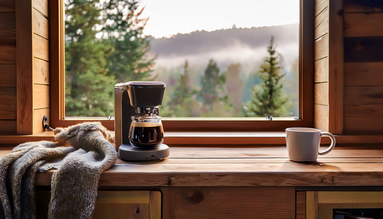 A rustic wooden cabin kitchen with a compact espresso machine on a thick butcher-block counter, a window showing a pine forest with morning mist