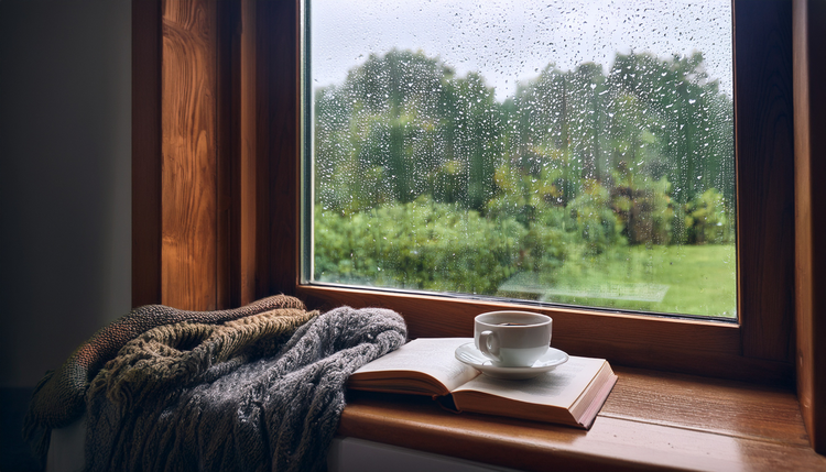 A window seat with rain streaming down the glass, a ceramic cup of espresso on the wide wooden sill beside an open book and a wool blanket