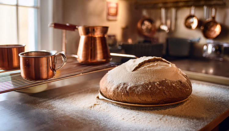 A kitchen counter dusted with flour beside a bowl of dough, a small espresso cup positioned to the side, fresh-baked bread cooling on a wire rack