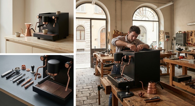 The Arco workshop in northern Italy with engineers assembling espresso machines by hand