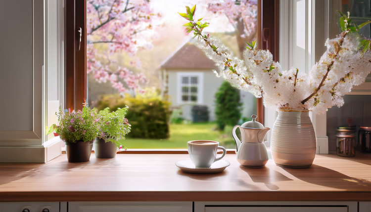 A bright kitchen with the back door open to a garden in bloom, a freshly made espresso on the counter near the open door, cherry blossoms visible outside
