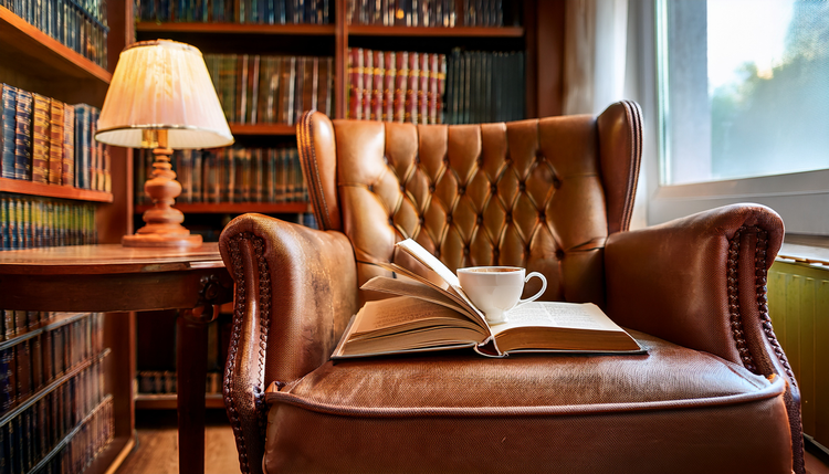 An armchair scene with an open hardcover book resting on the arm, a ceramic espresso cup on a small side table, reading glasses beside the cup