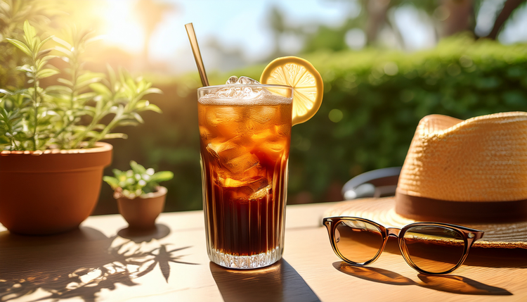 A sunlit terrace table with a tall glass of iced espresso tonic, condensation on the glass, a straw hat and sunglasses beside it
