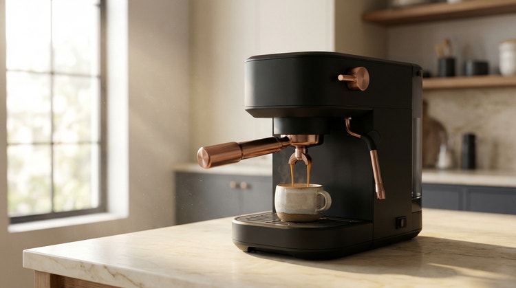 Arco espresso machine brewing a perfect shot on a sunlit kitchen counter