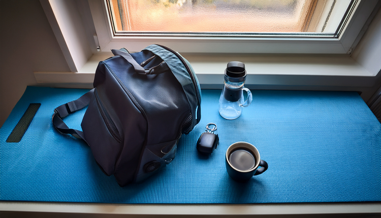 A gym bag packed and ready on a kitchen floor, a compact espresso machine on the counter above pouring a shot into a small cup, car keys and wireless earbuds beside the cup