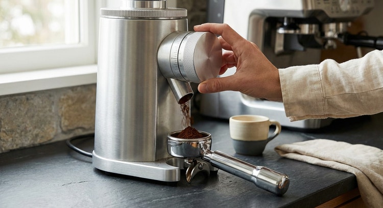 Arco Preciso flat burr grinder in brushed aluminium with a micrometric adjustment dial, ground coffee falling into a portafilter on the fork, close-up detail showing the stepless adjustment collar with engraved markings, set on a dark granite countertop with an espresso machine blurred in the background