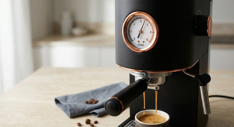 A pressure gauge on an espresso machine showing a dynamic pressure curve during extraction