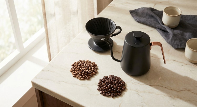 Two piles of roasted coffee beans on a marble surface, one light and one dark