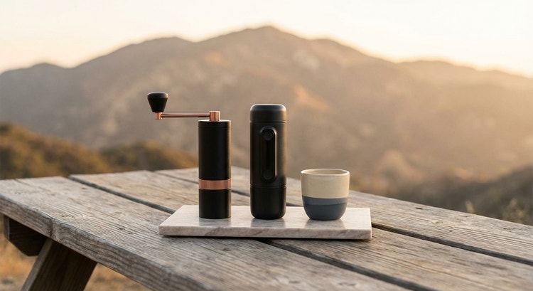 A portable espresso setup arranged on a hotel room desk with a view of mountains through the window