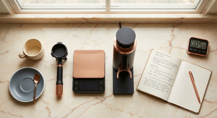 Espresso flowing from a bottomless portafilter into a ceramic cup on a precision scale