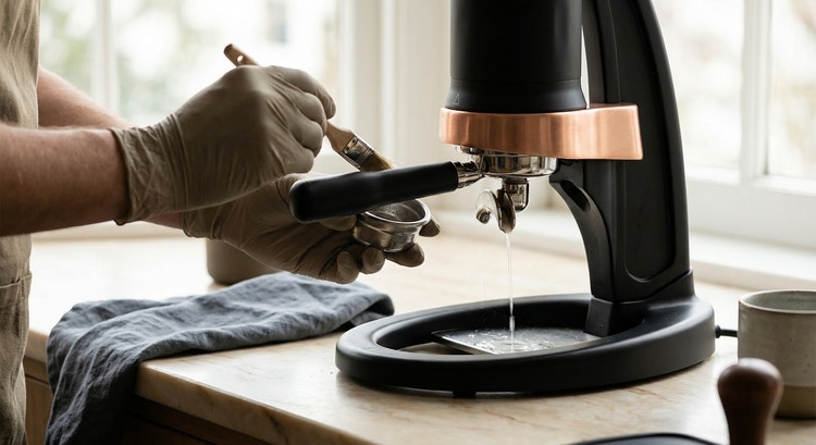 A sparkling clean espresso machine group head with a backflush disk and cleaning supplies arranged neatly