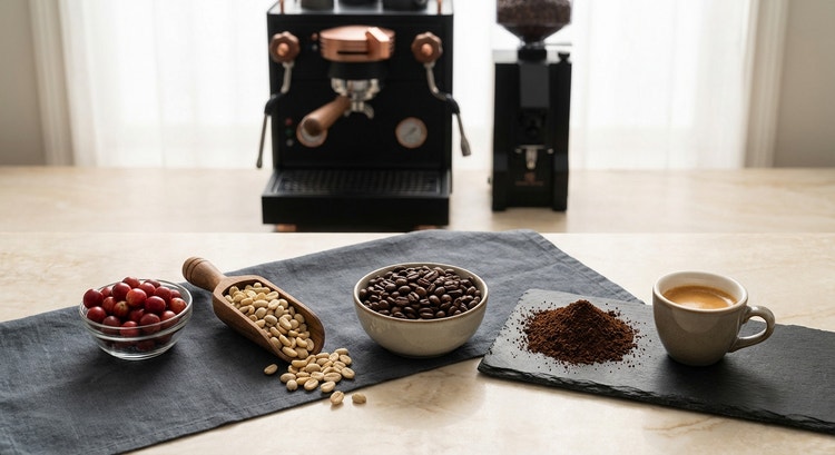 Coffee cherries in various stages of processing laid out on a drying bed in the sun